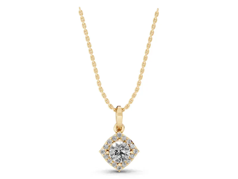 Round Lab-Grown Diamond On-Point Halo Pendant Necklace | Curved-Side Frame | Yellow Gold
