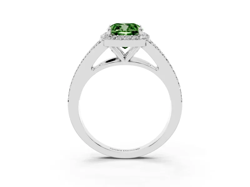 Cushion Cut Halo Engagement Ring Setting for a Fancy Green Lab-Grown Diamond | V-Split Pavé Band | Sterling Silver