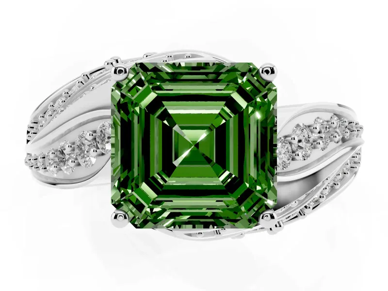 Asscher Cut Bypass Pavé Engagement Ring Setting for a Fancy Green Lab-Grown Diamond | Graduated Pavé | Sterling Silver