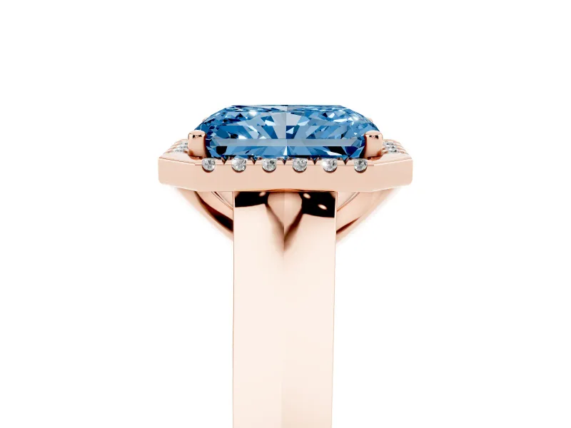 Fancy Blue Radiant Cut Diamond Halo Ring Set in Rose gold with Cathedral Band and Prong Setting