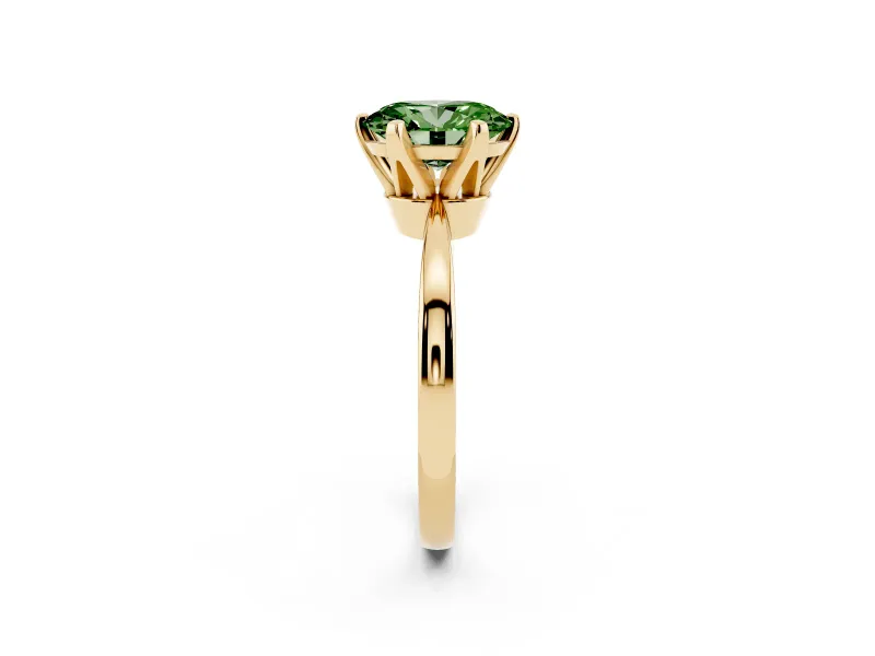 Fancy Green Oval Cut Diamond Solitaire Engagement Ring Set in Yellow gold with Slim Tapered Solitaire Band