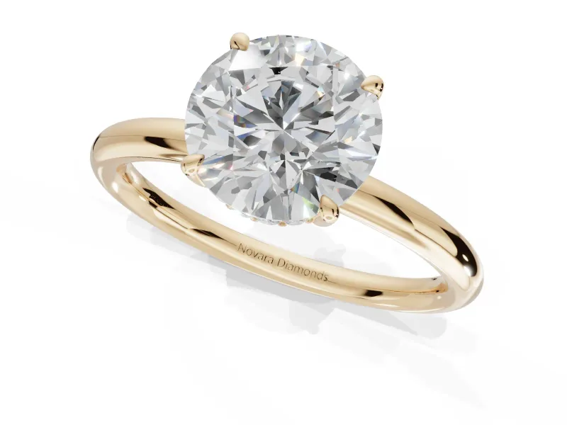 Round Hidden Halo Engagement Ring Setting | Thin Plain Band | Yellow Gold