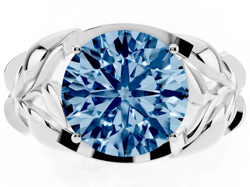 Fancy Blue Round Cut Diamond Leaf-Inspired Engagement Ring Set in Silver with Round Accents