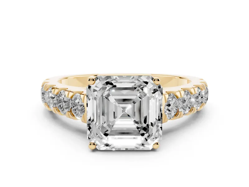 Asscher Cut Diamond Solitaire Ring Set in Yellow gold with Cut-Down Micro Pavé Band and Prong Setting