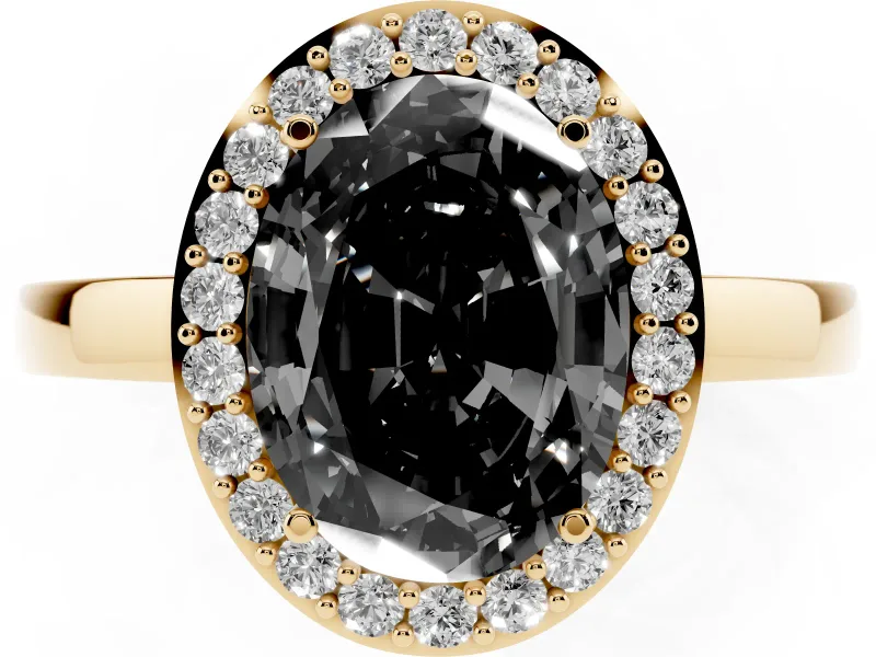 Fancy Black Oval Cut Diamond Halo Ring Set in Yellow gold with Solitaire Band and Prong Setting