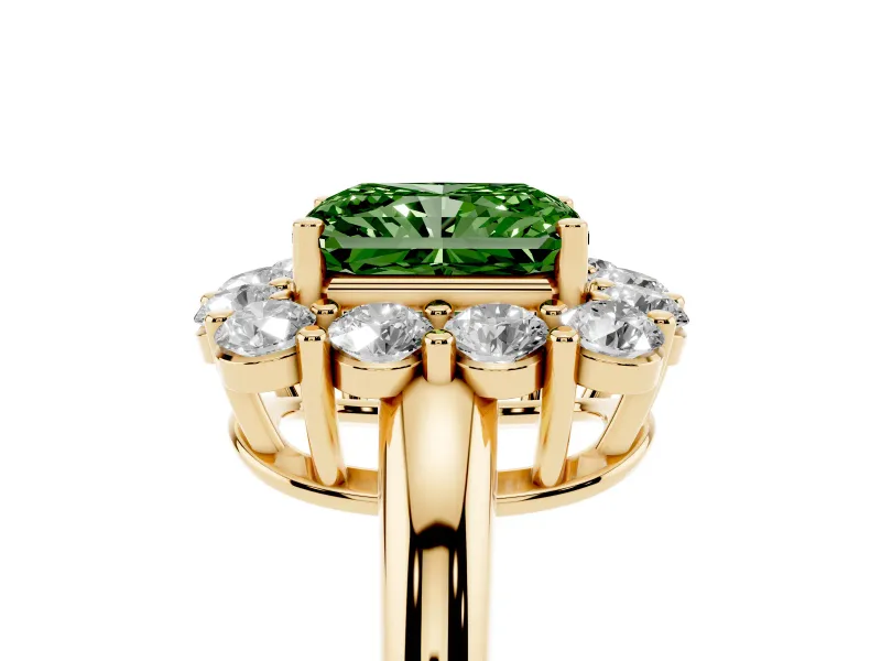 Radiant Cut Cluster Halo Engagement Ring Setting for a Fancy Green Lab-Grown Diamond | Large Round Accents | Yellow Gold