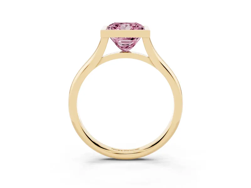 Fancy Pink Bezel Set Princess Cut Diamond Solitaire Ring Set in Yellow gold with Tapered Band