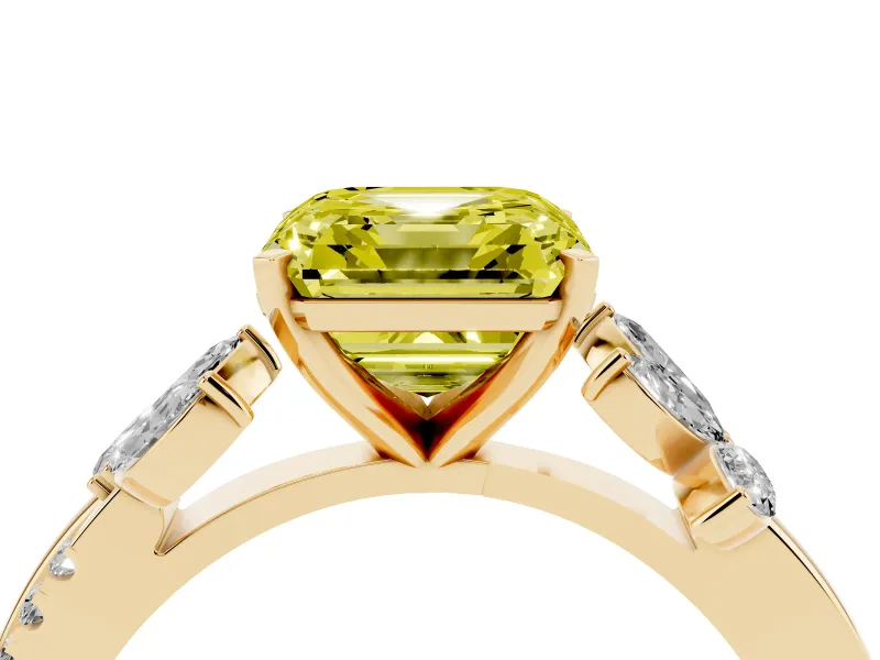 Fancy Yellow Asscher Cut Diamond Floral Vine Solitaire Engagement Ring Set in Yellow gold with Marquise Leaves