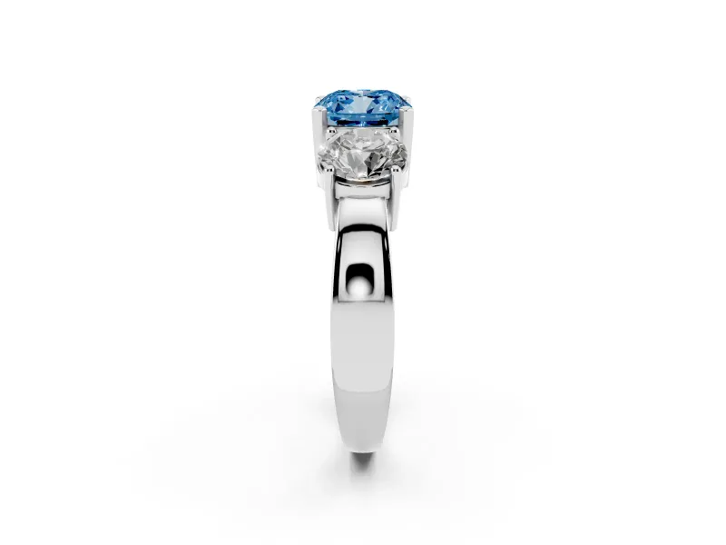 Cushion Cut Three Stone Engagement Ring Setting for a Fancy Blue Lab-Grown Diamond | Wide Plain Band | Sterling Silver