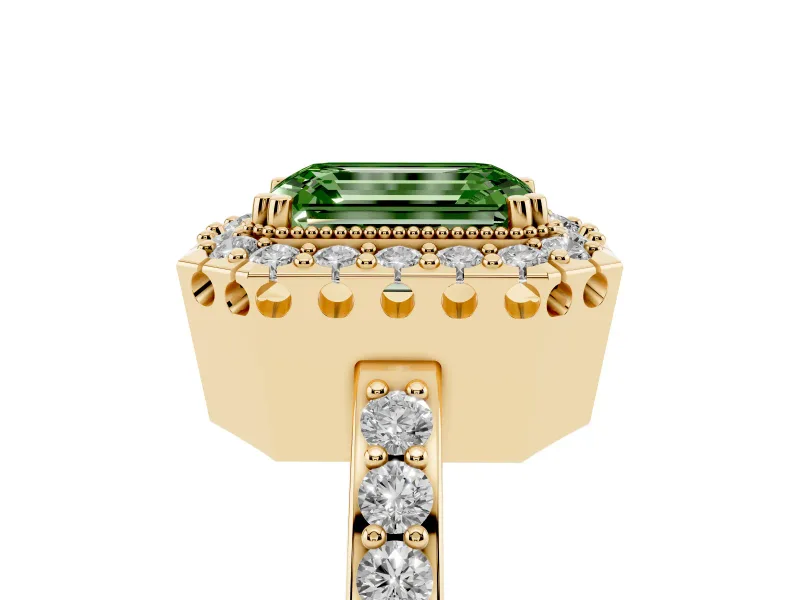 Emerald Cut Milgrain Halo Engagement Ring Setting for a Fancy Green Lab-Grown Diamond | Pavé Shoulders | Yellow Gold