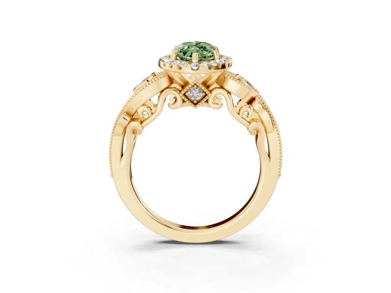 Fancy Green Marquise Cut Diamond Halo Ring Set in Yellow gold with Milgrain Pavé Band and Prong Setting