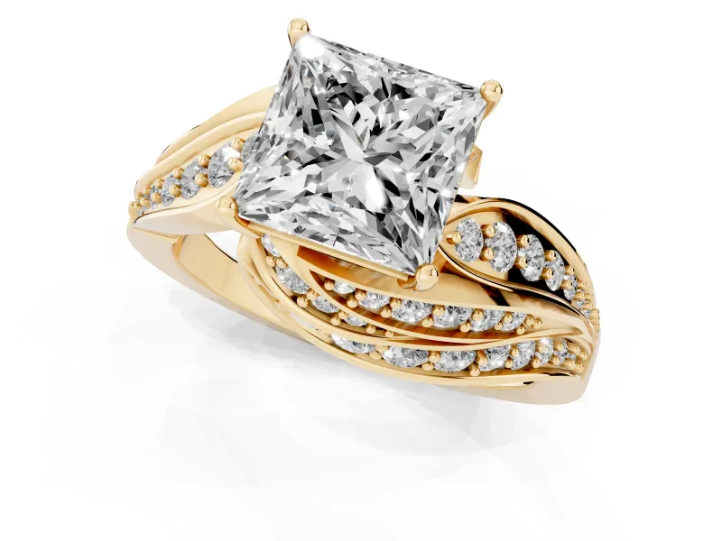Princess Cut Bypass Hidden Halo Engagement Ring Setting | Graduated Pavé | Yellow Gold