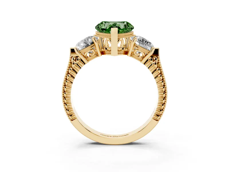 Heart-Shaped Vintage Three Stone Engagement Ring Setting for a Fancy Green Lab-Grown Diamond | Yellow Gold - Design NV-24868