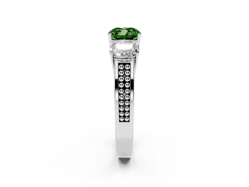 Fancy Green Cushion Cut Diamond Three-Stone Ring Set in Platinum with Textured Band