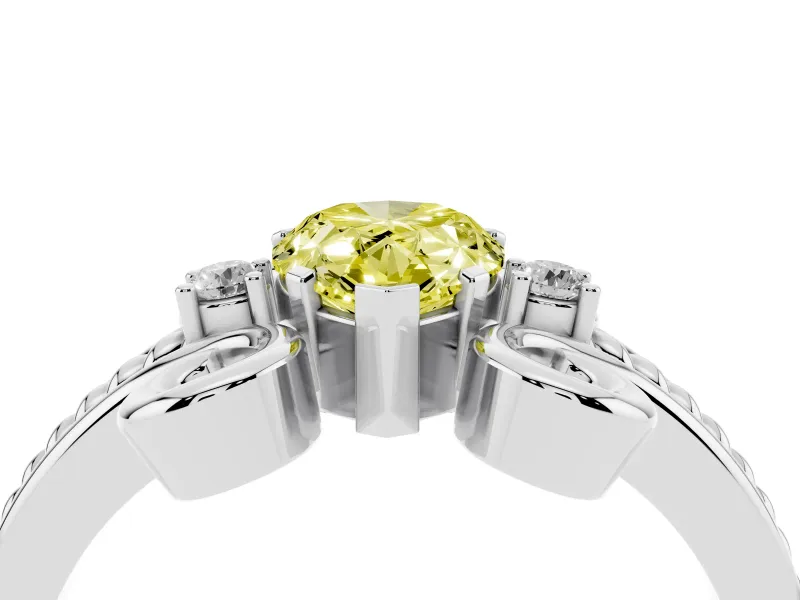 Fancy Yellow Pear Cut Diamond Twisted Band Solitaire Ring Set in White gold with Scroll Prongs