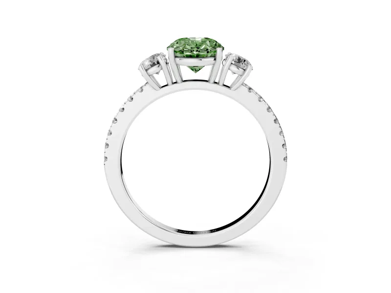 Fancy Green Oval Cut Diamond Three-Stone Ring Set in Silver with Pavé Band and Graduated Sides