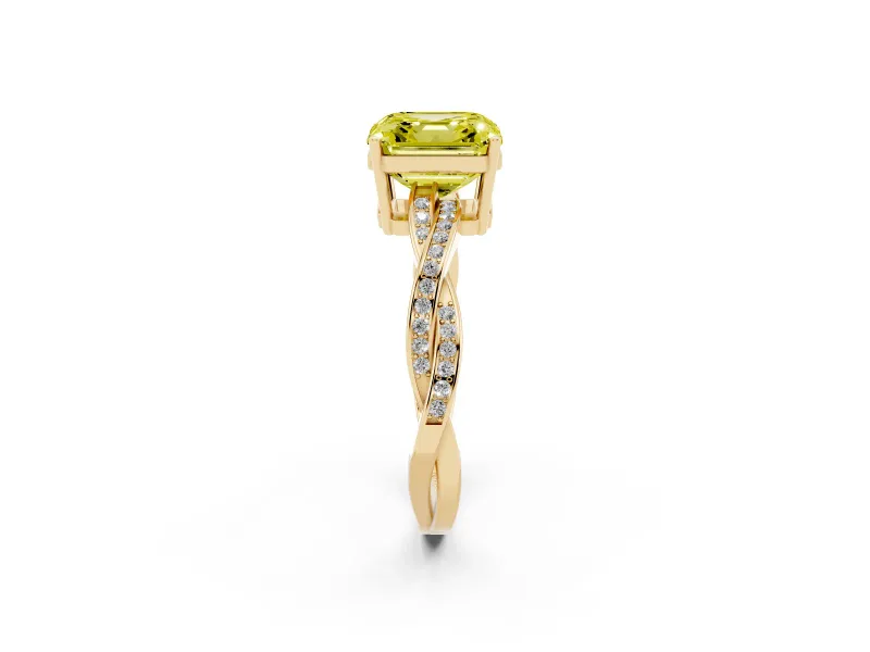 Fancy Yellow Asscher Cut Diamond Solitaire Twisted Pavé Ring Set in Yellow gold with Prong Setting