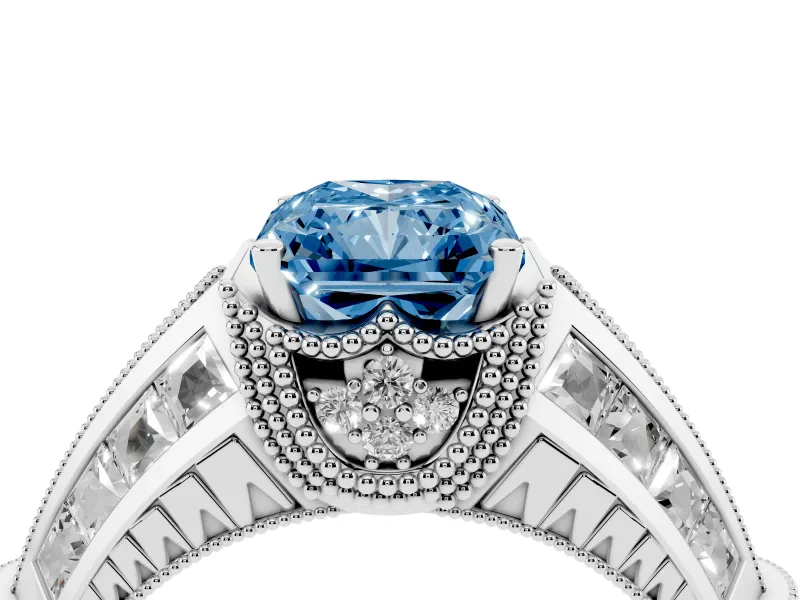 Fancy Blue Radiant Cut Diamond Vintage-Inspired Milgrain Ring Set in Platinum with Accent Split Shank