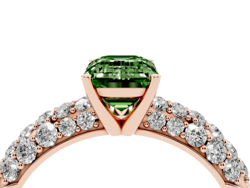 Emerald Cut Multi Row Pave Engagement Ring Setting for a Fancy Green Lab-Grown Diamond | Rose Gold