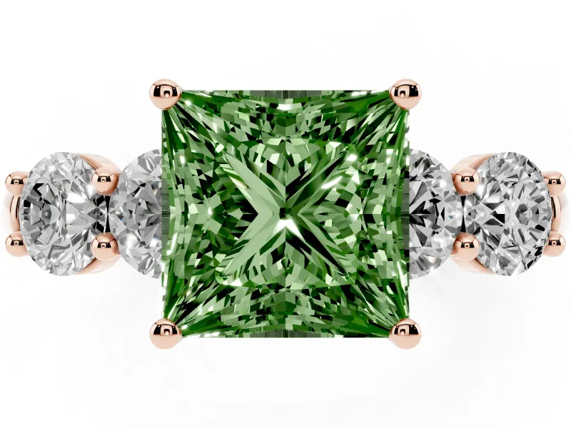 Princess Cut Five Stone Engagement Ring Setting for a Fancy Green Lab-Grown Diamond | Prong Set Side Stones | Rose Gold
