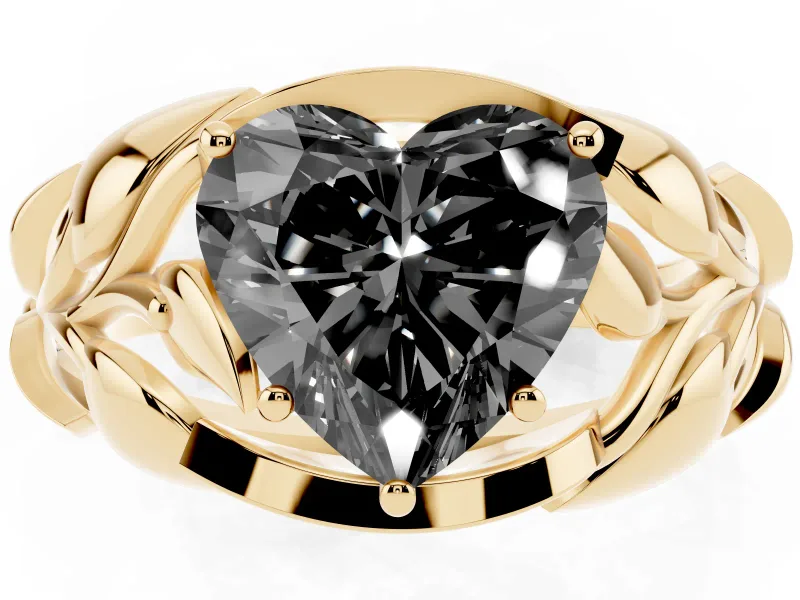 Heart-Shaped Leaf Bypass Engagement Ring Setting for a Black Center | Sculpted Leaves | Yellow Gold