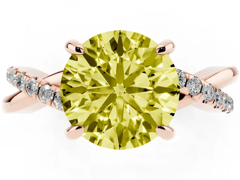 Fancy Yellow Round Cut Diamond Twist Band Solitaire Set in Rose gold with Pavé Accents and Prong Setting