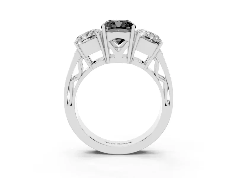 Fancy Black Cushion Cut Diamond Three-Stone Ring Set in Platinum with Textured Band