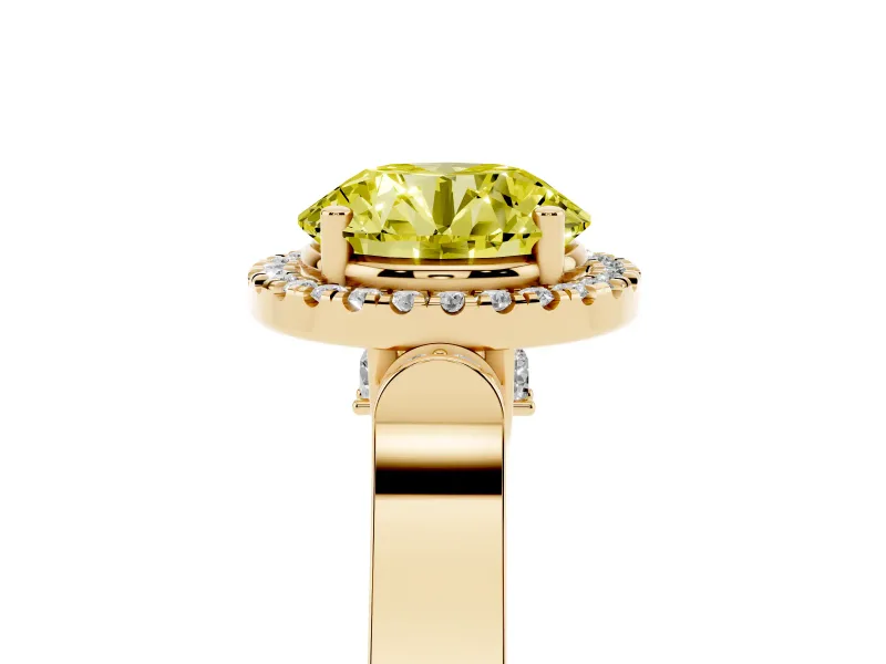 Round Halo Engagement Ring Setting for a Fancy Yellow Lab-Grown Diamond | Pavé Panel Shoulders | Yellow Gold