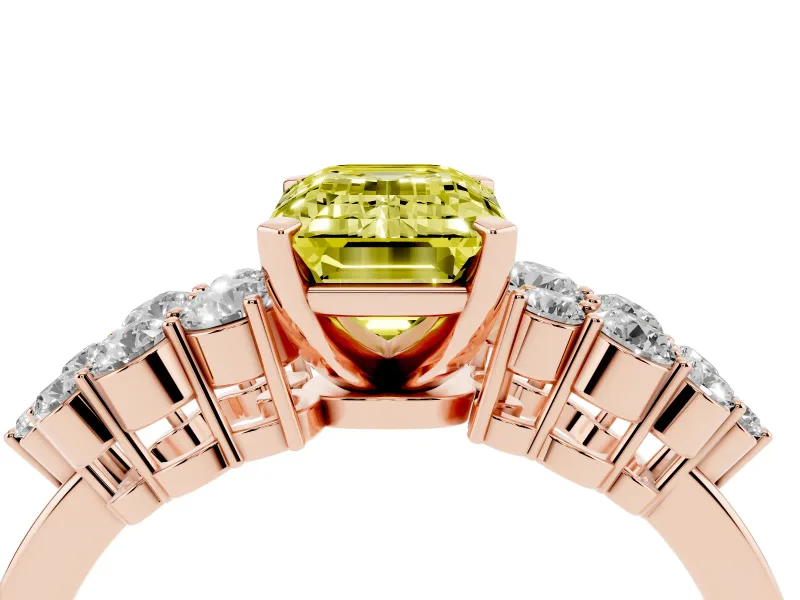 Emerald Cut Side Stone Engagement Ring Setting for a Fancy Yellow Lab-Grown Diamond | Shoulder Clusters | Rose Gold