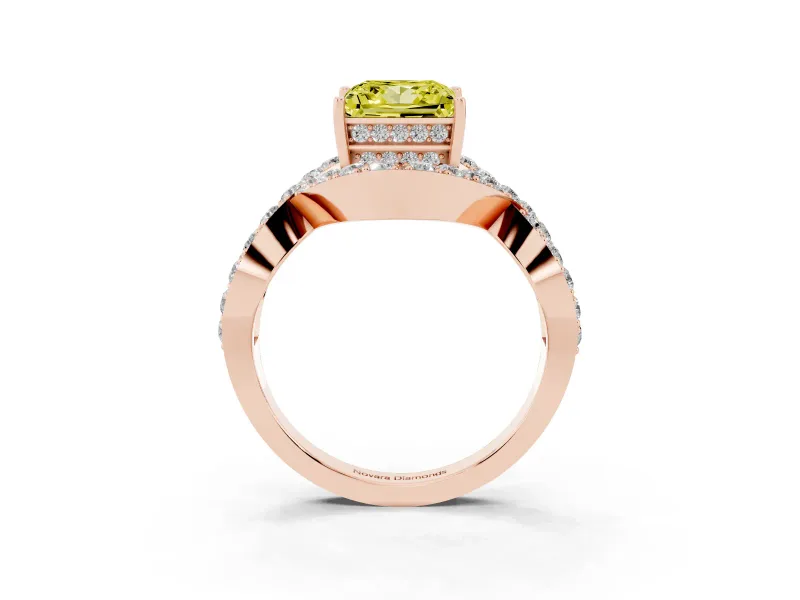 Fancy Yellow Princess Cut Diamond Solitaire Twist Band Pavé Engagement Ring Set in Rose gold