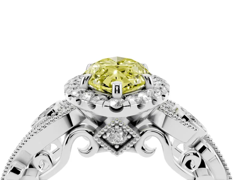 Fancy Yellow Marquise Cut Diamond Halo Ring Set in Platinum with Milgrain Pavé Band and Prong Setting