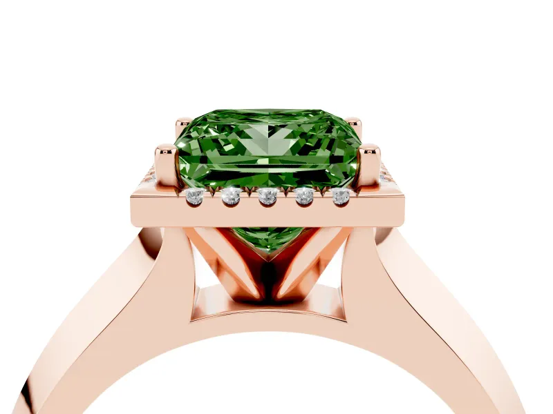 Fancy Green Princess Cut Diamond Halo Ring Set in Rose gold with Cathedral Band and Prong Setting