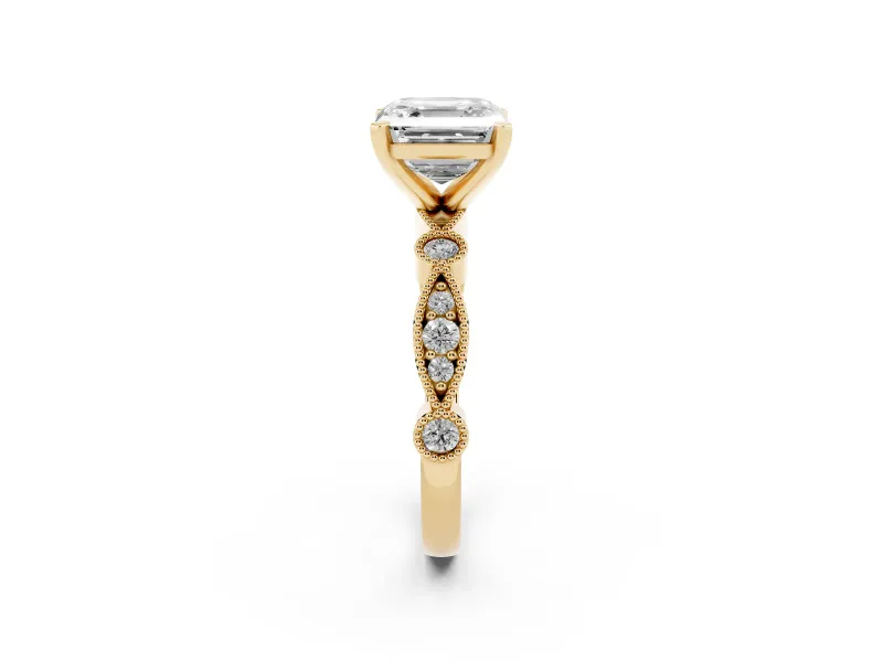 Asscher Cut Diamond Solitaire Engagement Ring Set in Yellow gold with Milgrain Bezel Accent Band