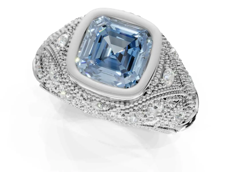 Asscher Cut Vintage Bezel Engagement Ring Setting for a Fancy Blue Lab-Grown Diamond | Platinum