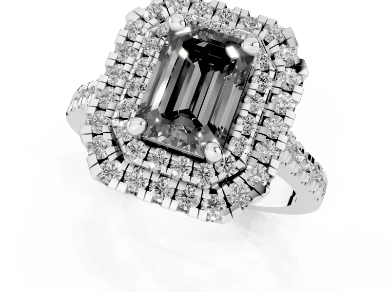Fancy Black Emerald Cut Diamond Double Halo Statement Ring Set in Silver with Pavé Band