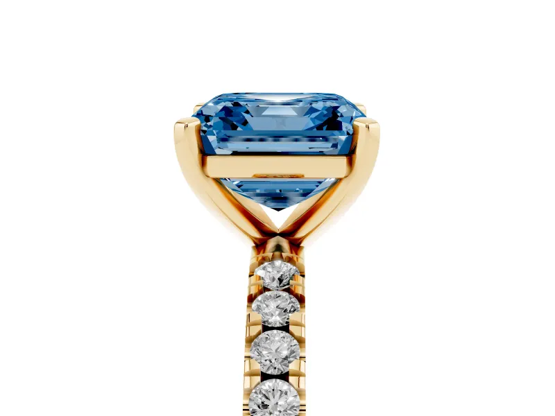 Fancy Blue Asscher Cut Diamond Pavé Band Solitaire Set in Yellow gold with Prong Setting