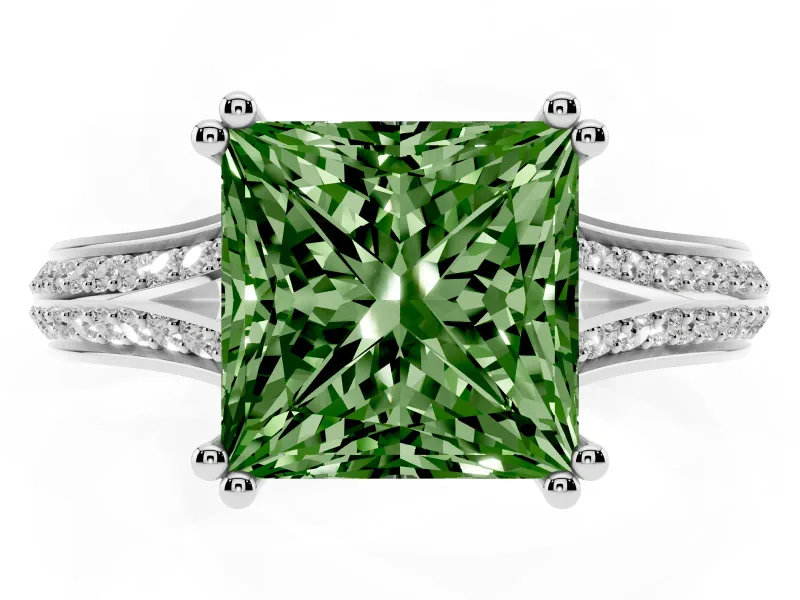 Princess Cut Split Shank Engagement Ring Setting for a Fancy Green Lab-Grown Diamond | Pave Band | White Gold