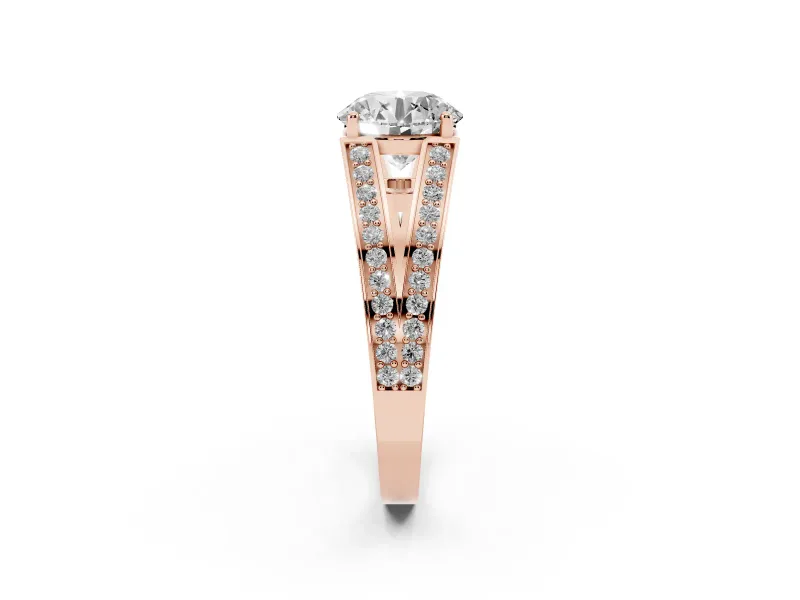 Round Cut Diamond Split Shank Ring Set in Rose gold with Pavé Band and Prong Setting