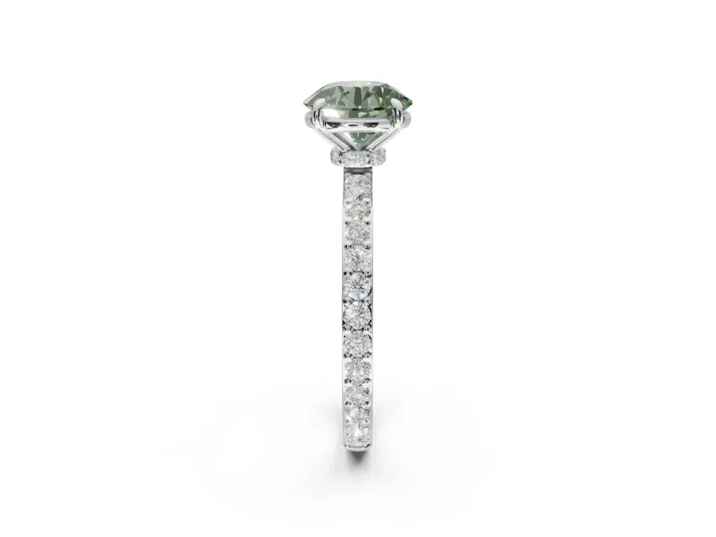 Round Hidden Halo Engagement Ring Setting for a Fancy Green Lab-Grown Diamond | Pavé Band | Sterling Silver