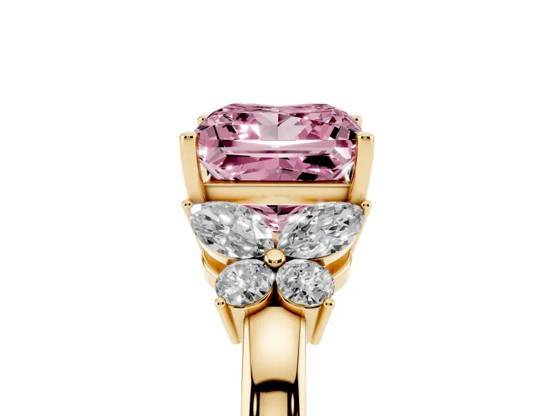 Fancy Pink Princess Cut Diamond Solitaire Floral Ring Set in Yellow gold with Marquise Petals and Prong Setting