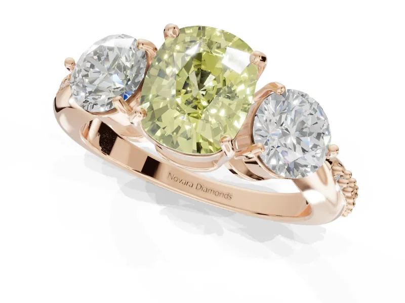 Cushion Cut Three Stone Engagement Ring Setting for a Fancy Yellow Lab-Grown Diamond | Tapered Pave Band | Rose Gold