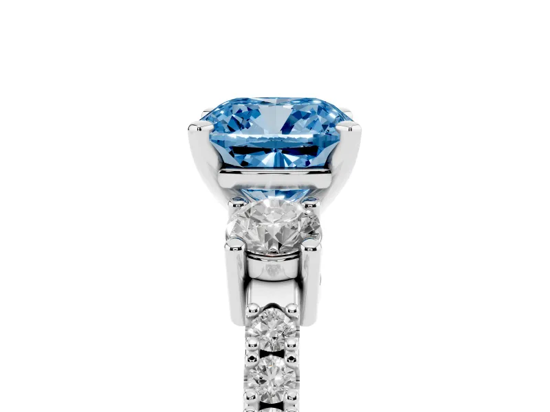 Fancy Blue Three-Stone Cushion Cut Diamond Pavé Band Ring Set in Silver with Prong Setting