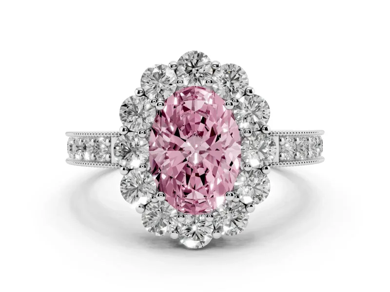 Fancy Pink Oval Cut Diamond Halo Pavé Engagement Ring Set in White gold with Milgrain Detailing