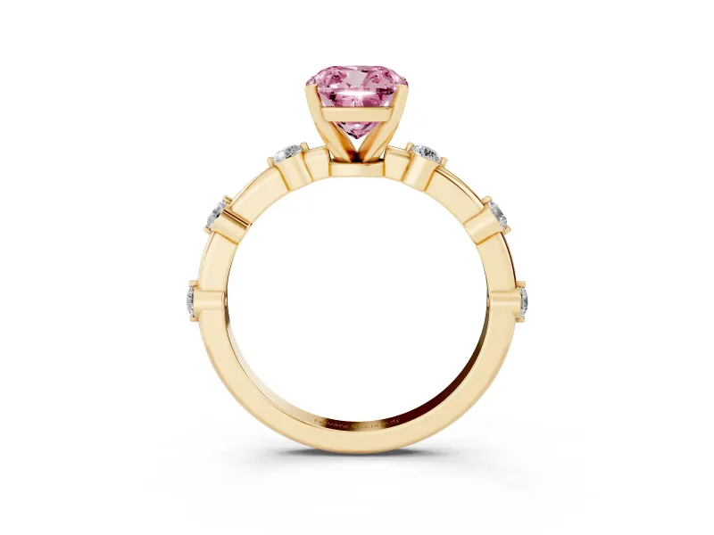 Fancy Pink Cushion Cut Diamond Solitaire Ring Set in Yellow gold with Bezel Set Side Stones and Prong Setting