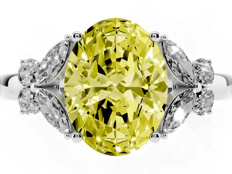 Fancy Yellow Oval Cut Diamond Solitaire Floral Ring Set in Silver with Marquise Petals and Prong Setting