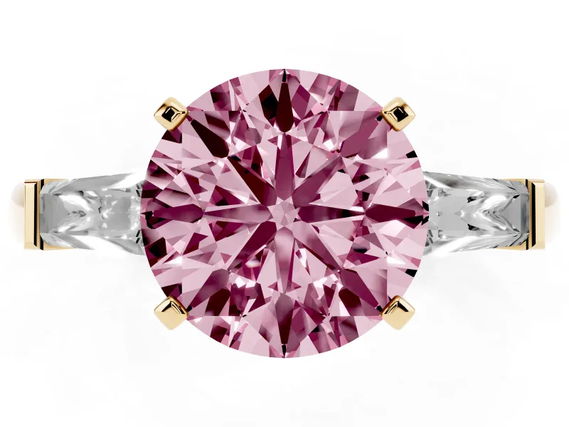 Round Three Stone Engagement Ring Setting for a Fancy Pink Lab-Grown Diamond | Tapered Baguettes | Yellow Gold