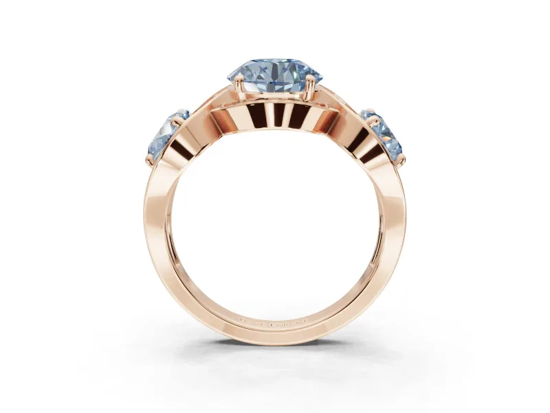 Round Three Stone Halo Engagement Ring Setting for a Fancy Blue Lab-Grown Diamond | Pavé Wave Band | Rose Gold