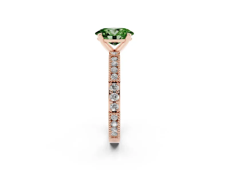 Fancy Green Oval Cut Diamond Solitaire Ring Set in Rose gold with Slim Pavé Band and Prong Setting