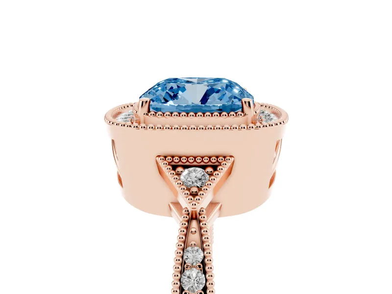 Fancy Blue Cushion Cut Diamond Halo Engagement Ring Set in Rose gold with Milgrain Pavé Band