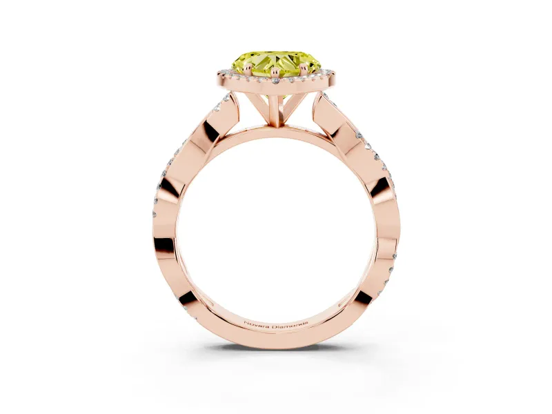Fancy Yellow Heart Cut Diamond Halo Twisted Band Ring Set in Rose gold with Prong Setting